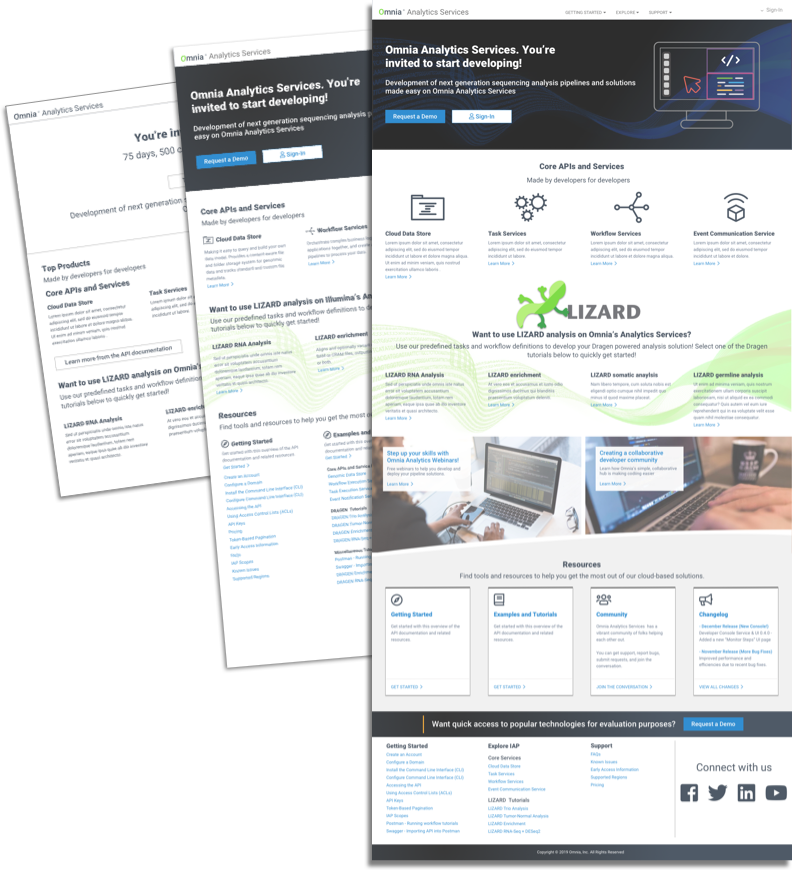 Three stacked versions of the Omnia Analytics Services landing page, evolving from a plain greyscale wireframe to the final design