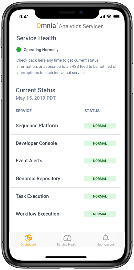 Hi-fi Omnia mobile Service Health screen listing each platform service with a Normal status