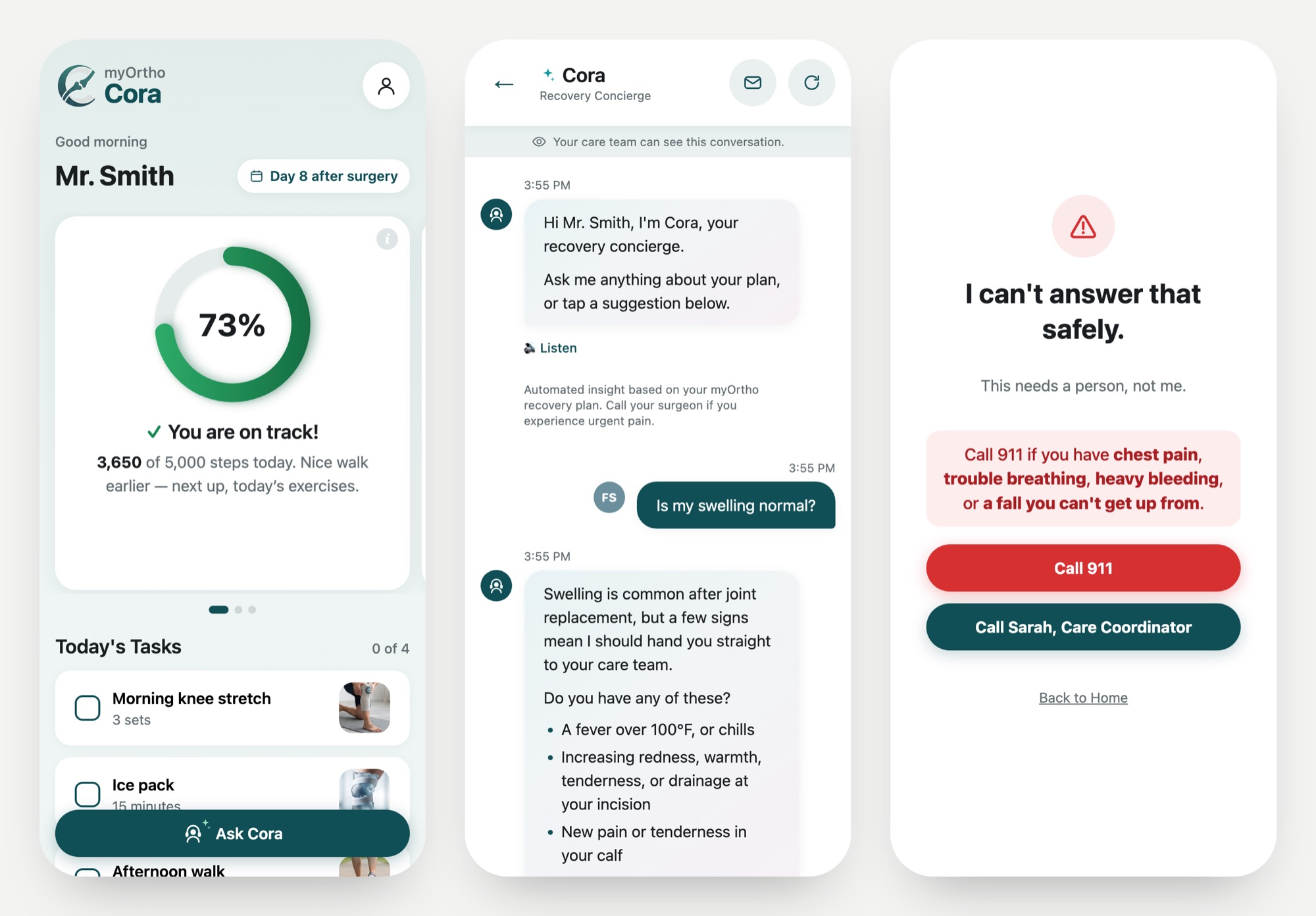 Cora prototype screens: home hub, AI conversation and safety escalation