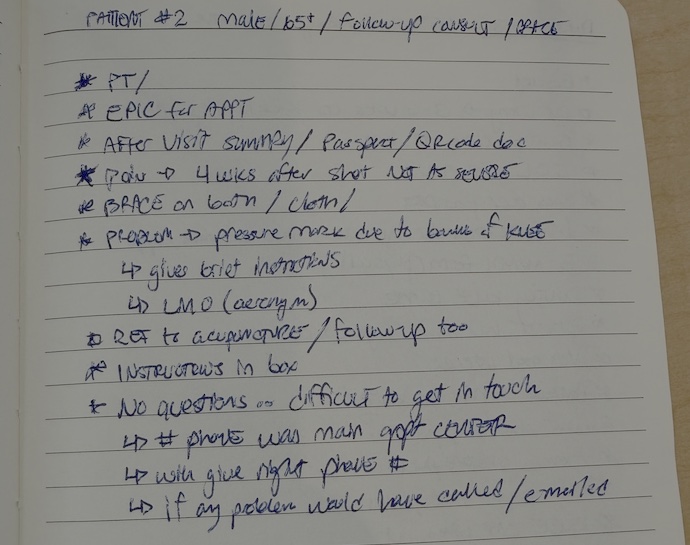 Handwritten field notes from a clinic visit with a male patient over 65, including: no questions, but difficult to get in touch; the phone number was the main appointment center.